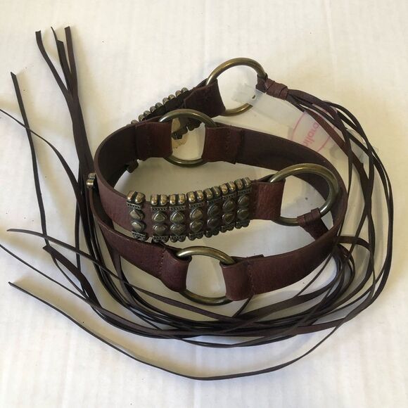 Brown Studded Fringe Tie Belt Size S Genuine Leather Trendy Western Boho Chic - Picture 7 of 7